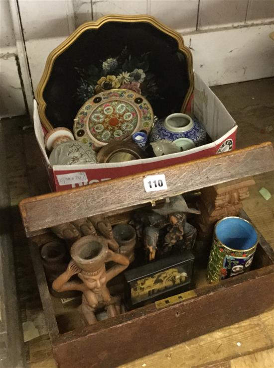Mixed Oriental ceramics tray, pottery figures, etc